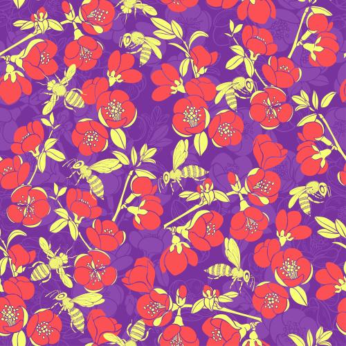 Vector image japanese loquat, branches with flowers and bees on purple