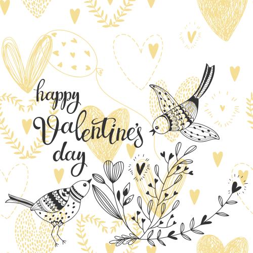 Illustration romantic composition with cartoon birds, flowers, text happy valentines day