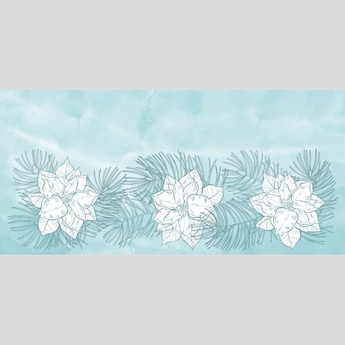 Vector image coniferous branches, poinsettia flowers, place for text on blue watercolor