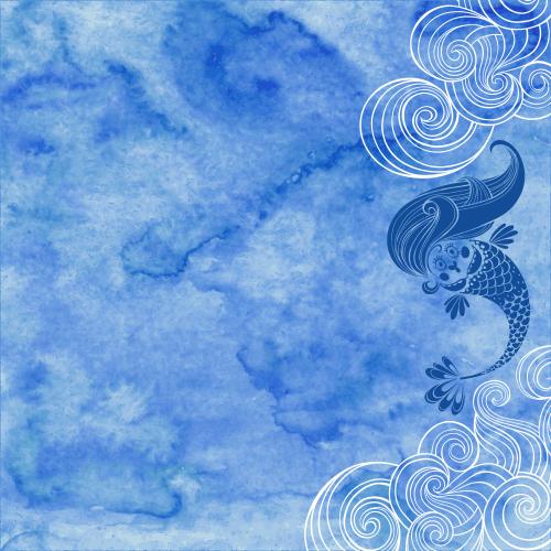 Mermaid. Vector cartoon mermaid waves space for text on blue watercolor