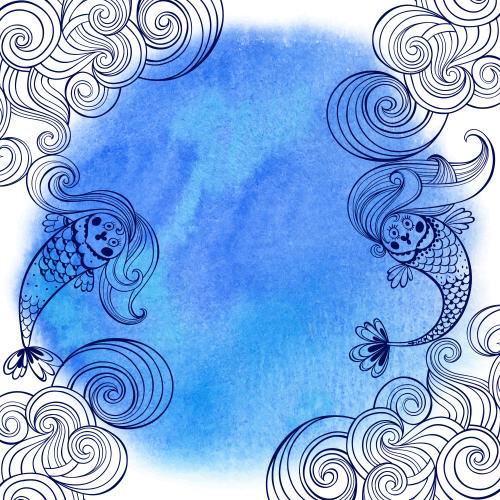 Mermaid. Vector cartoon mermaids, waves, round blue watercolor spot, space for text on white