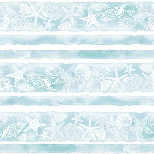 Scallop. Vector sea stars shells nautiluses on blue watercolor stripes