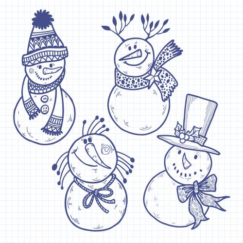 Notebook. Vector four funny cartoonish snowmen on a notebook sheet in grid
