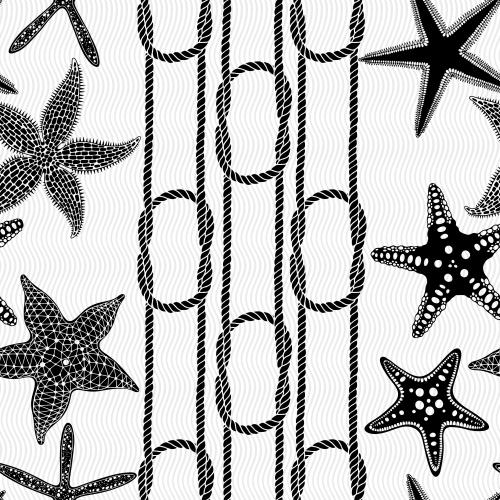 Starfish. Vector Pattern sea stars, ropes, ropes with sea knots, waves on white