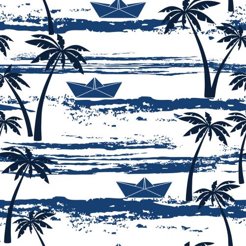 Tree. Vector palm trees, waves, paper boats on white