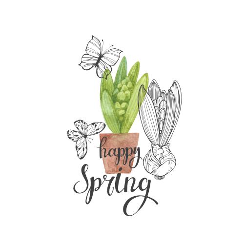 Raster image watercolor hyacinth in a pot outlines of butterflies and hyacinth inscription happy spring on white