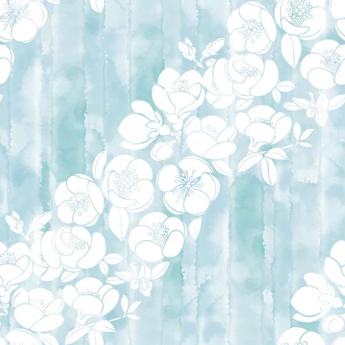 Japanese quince. Vector japanese quince, white silhouettes of flowers on a blue watercolor