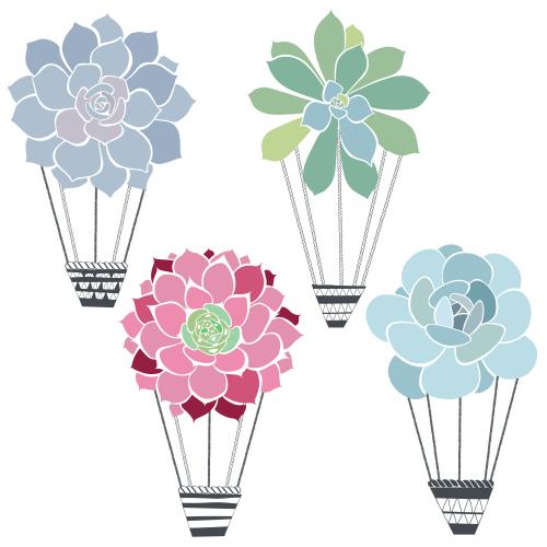 Balloon. Vector flower air balloons, succulents, colorful silhouettes on white