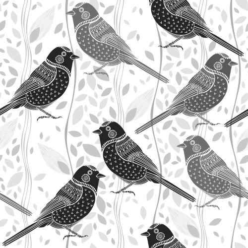 Vector image birds little leaves vertical wavy stripes on white