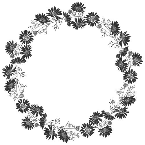 Vector image round frame-wreath from daisies black silhouettes on white