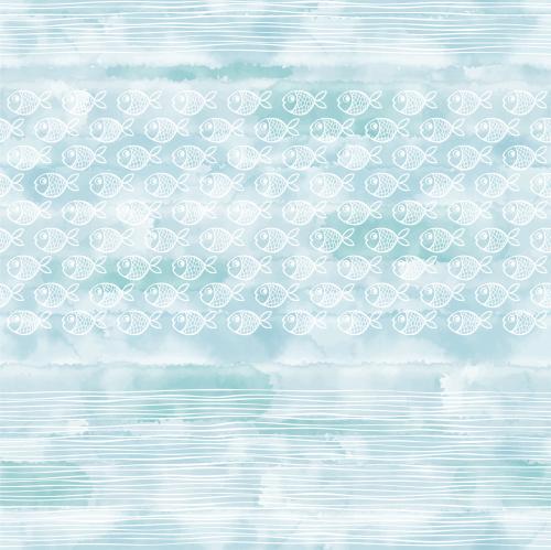 Illustration fish, waves on blue watercolor