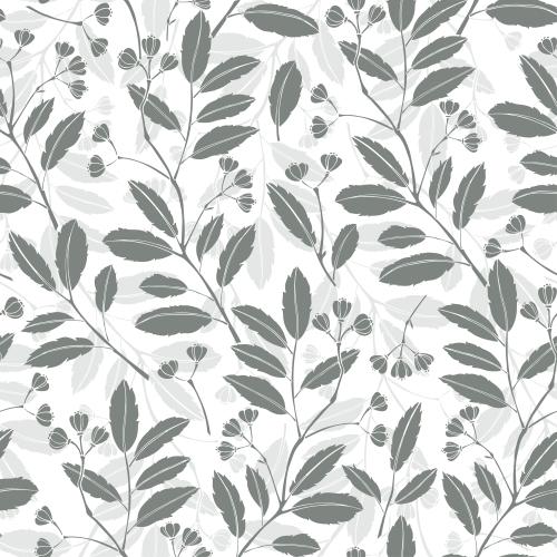 Vector image monochromatic silhouettes of abstract branches with leaves and flowers on white