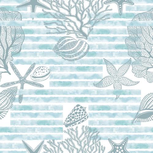 Vector image geometric with squares of watercolor stripes sea stars shells and corals on white