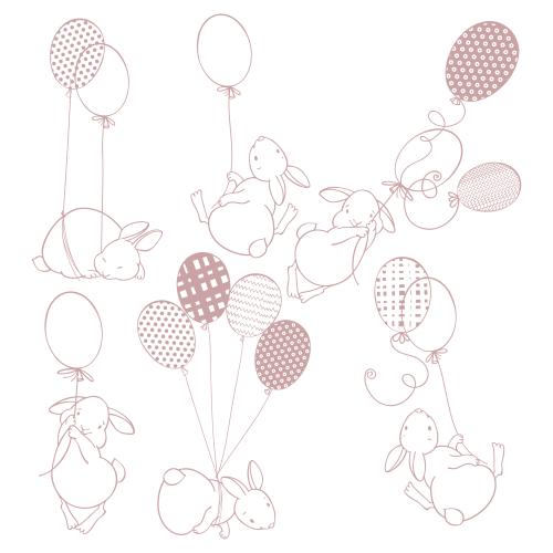 Illustration bunnies with air balloons on white