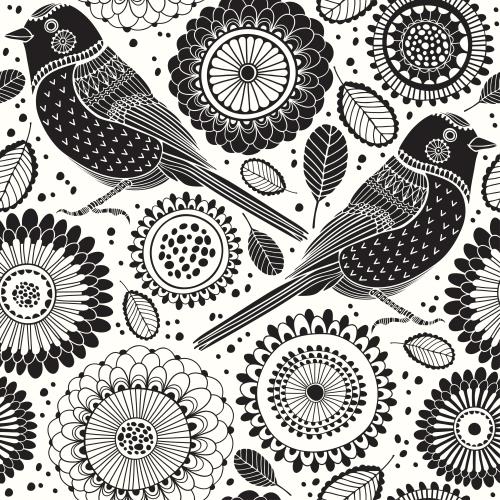 Bird. Vector Pattern abstract birds flowers and leaves in doodle style on white