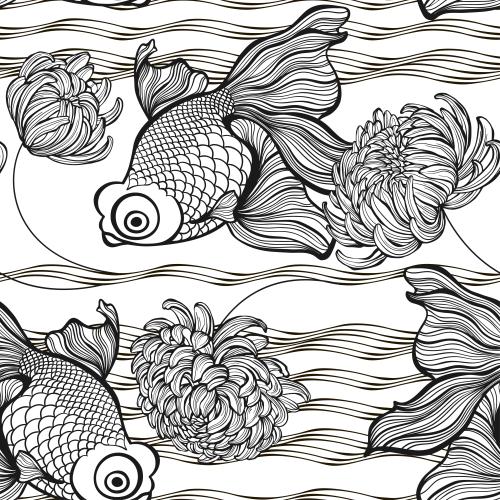Chrysanthemum. Vector golden fish, waves and chrysanthemums on white