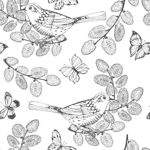Willow. Vector birds on willow twigs butterflies on white