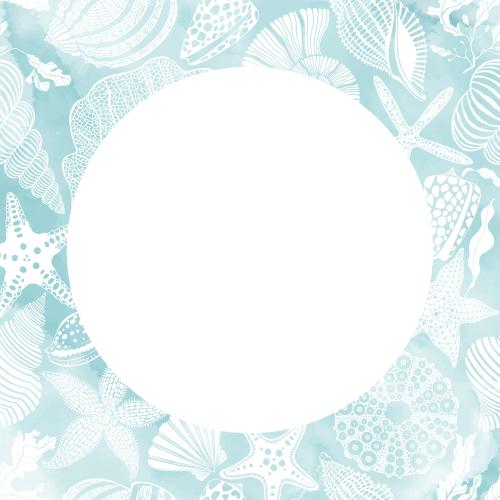 Vector image sea stars shells nautilus sea urchin corals algae on a blue watercolor white circular text area