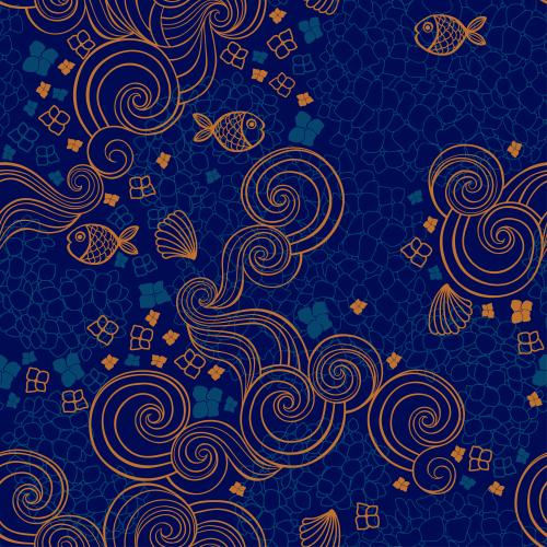 Shell. Vector fish shells waves hydrangea flowers on blue