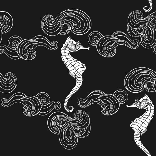 Illustration seahorses and decorative waves on black