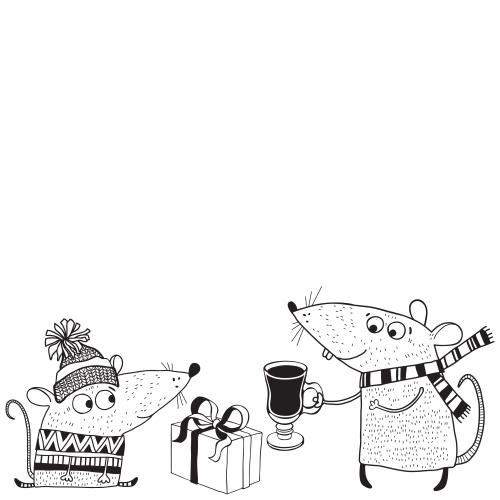 Birthday. Vector cartoon-style mice with mulled wine and a gift, space for text on white
