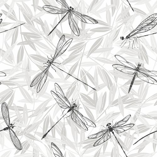 Dragonfly. Vector monochromatic dragonflies and twigs with leaves on white