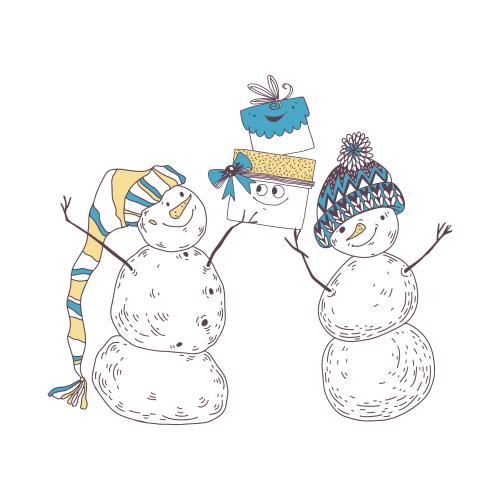 Snowman. Vector two cartoonish snowmen with gifts on white