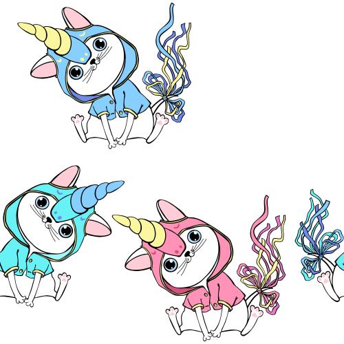 Cat. Vector cute cartoon kittens in unicorn costumes on white