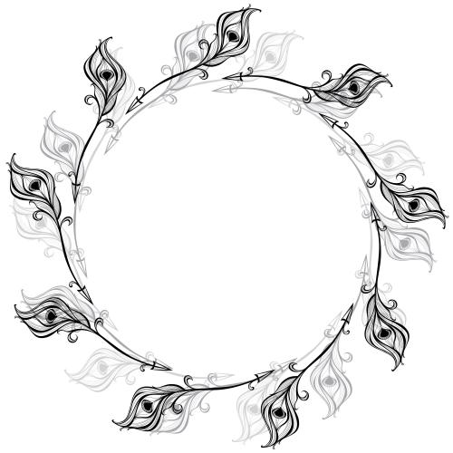 Peacock feather. Vector round frame of decorative arrows on white