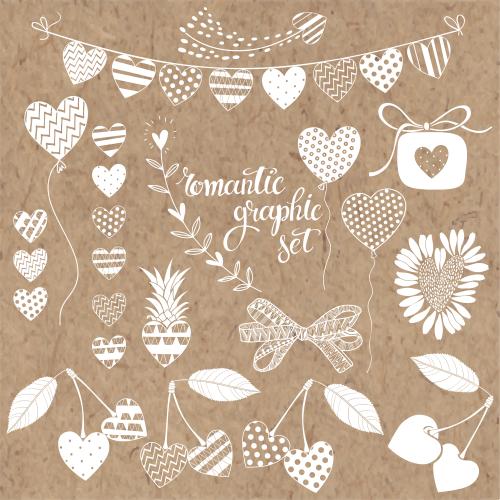 Illustration decorative heart-shaped romantic symbols on craft