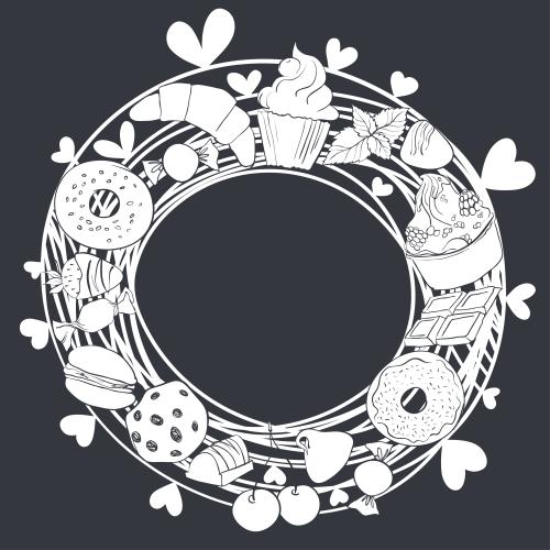 Vector image round frame with desserts and hearts on black
