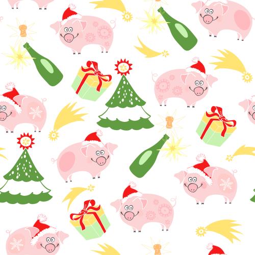 Christmas tree. Vector cartoon pigs in holiday hats, trees, champagne, gifts on white
