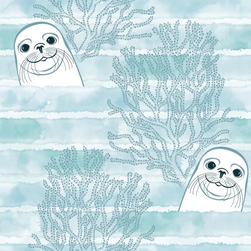 Seal. Vector cute seals and seaweed on blue watercolor striped