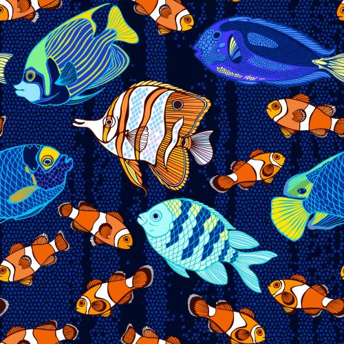 Vector image exotic cartoon fish on blue mosaic