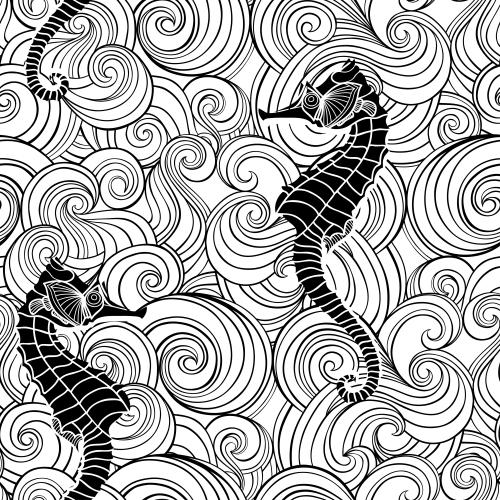 Marine. Vector Pattern waves and black silhouettes of seahorses