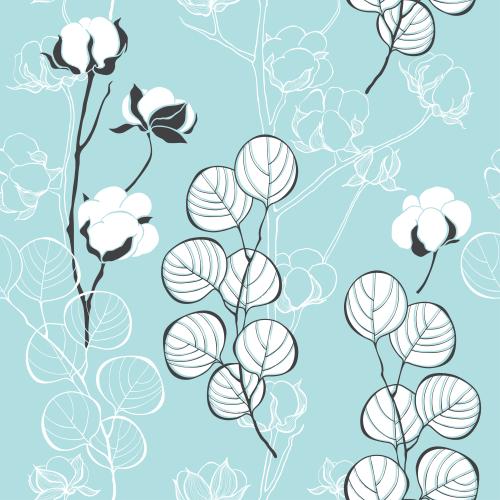 Eucalyptus. Vector cotton and eucalyptus branches on blue