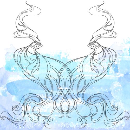 Illustration nautical theme composition with decorative fish waves watercolor fragment on white