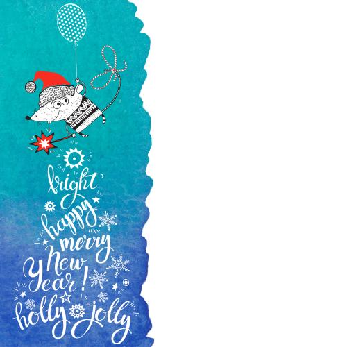 Balloon. Vector cartoon mouse in new years hat with balloon wishes on blue watercolor fragment space for text on white