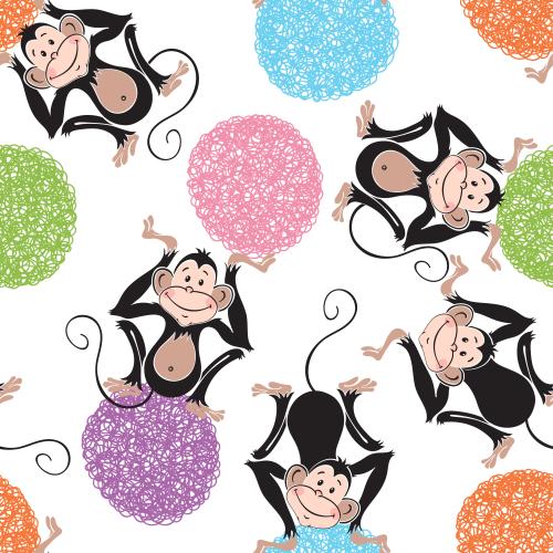 Monkey. Vector cute monkeys and multicolored circles on white