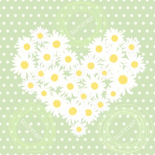 Pea. Vector chamomile bouquet in the shape of a heart, circles with the word summer on green checkered