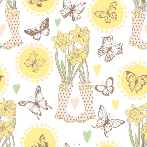 Vector image vinyl boots with daisies, butterflies, sun motifs, and hearts on white