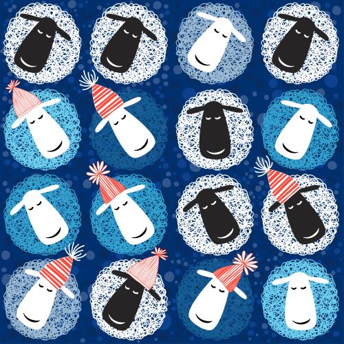 Circle. Vector Pattern cute cartoonish sheep on blue