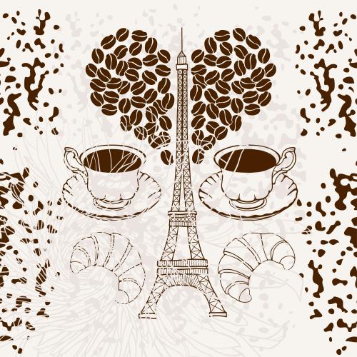 Eiffel tower. Vector romantic illustration with the eiffel tower, coffee cups, coffee beans in the shape of a heart