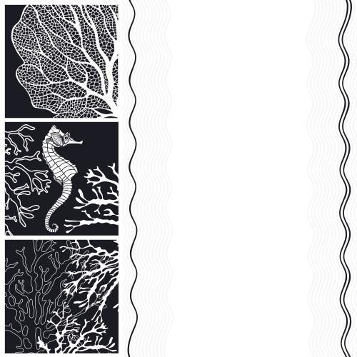 Illustration marine theme composition with a seahorse aquatic plants and a place for text on white
