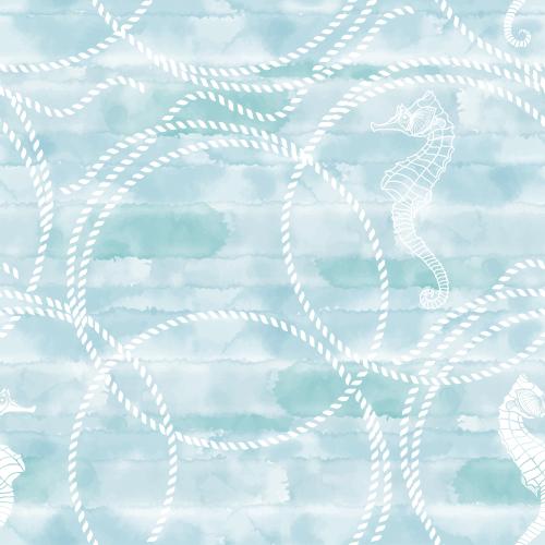 Illustration marine ropes-rings, sea horses on blue watercolor