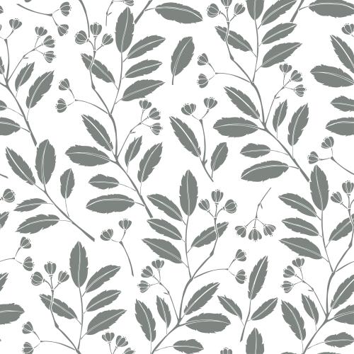 Vector image gray silhouettes of abstract branches with leaves and flowers on white