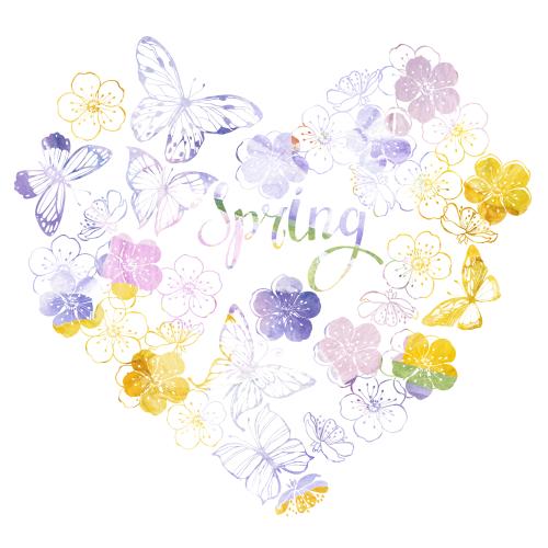 Raster image composition in the shape of a heart with flowers butterflies and the word spring on white