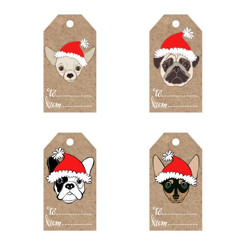 Pug. Vector craft tags with cute dog faces in christmas hats