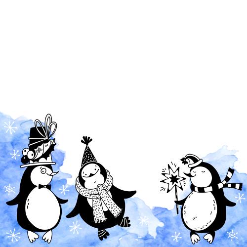 Penguin. Vector cartoon penguins blue watercolor fragment space for text on white