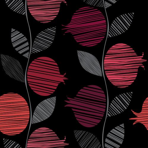 Pomegranate. Vector stylized pomegranates, leaves, wavy vertical lines on black
